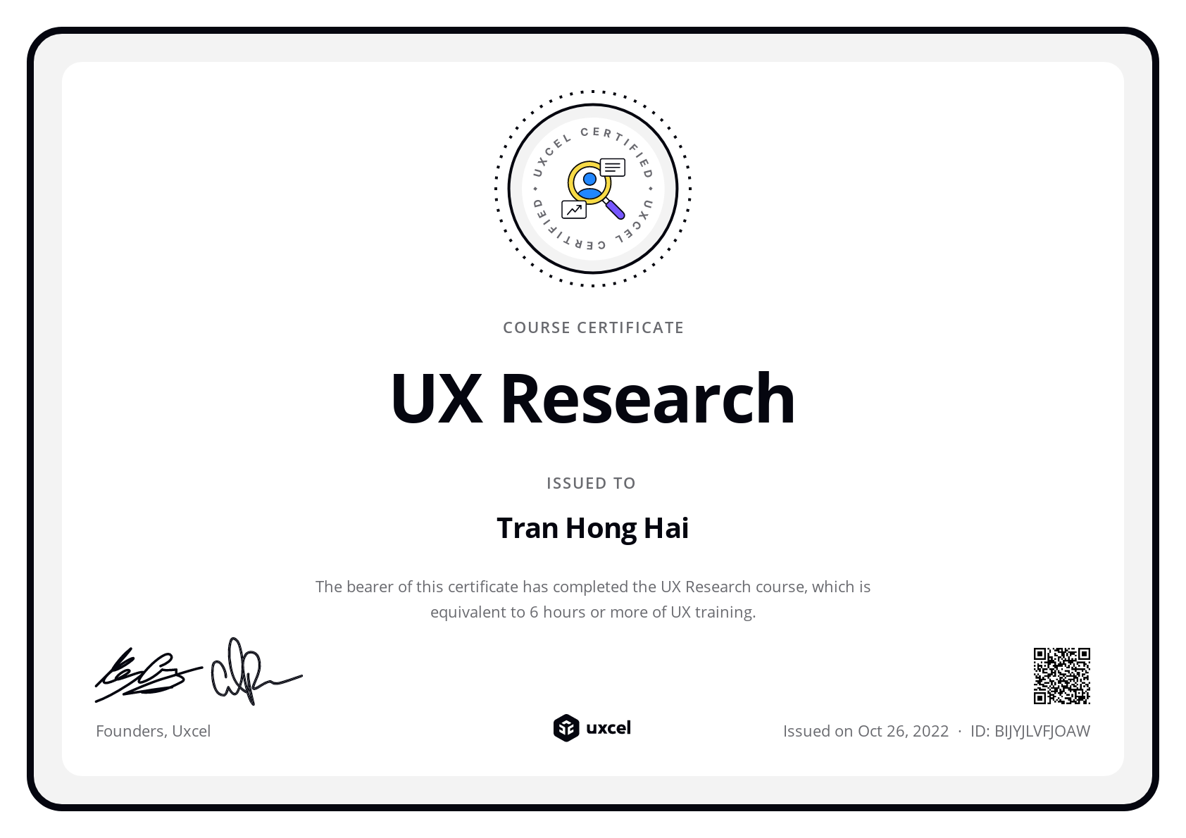 Tran Hong Hai's certificate